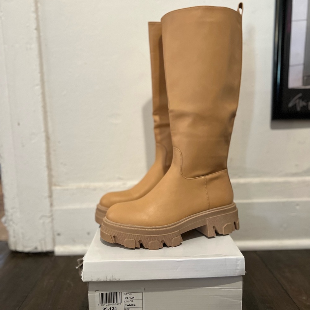 Cleated Chunky Knee High Boots - Mustard / Camel